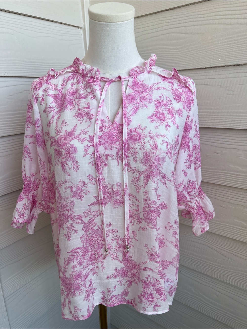 Counterparts White Blouse with Pink Floral Print and Tie Neck